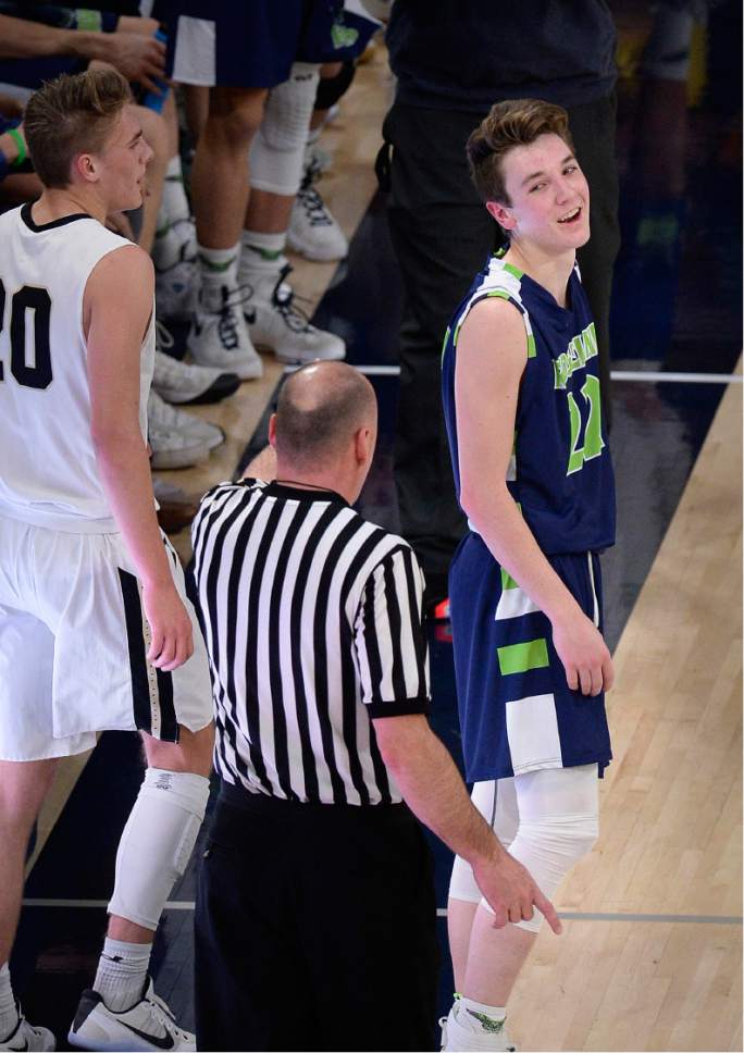 Scott Sommerdorf | The Salt Lake Tribune 
Ridgeline's Landon Brenchley gives the referee a look of amused disbelief after being called for a foul during first half play. Ridgeline beat Desert Hills 64-60 in a Boy's 3A semi-final playoff played at USU, Friday, February 24, 2017.