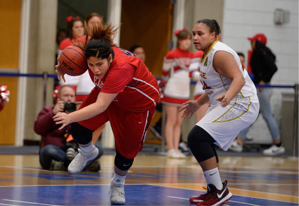 Scott Sommerdorf | The Salt Lake Tribune 
East's Lani Taliauli turns to dribble up court after grabbing a loose ball during second half play. Judge Memorial beat East 45-43 in a girl's 4A playoff game played at SLCC, Thursday, February 23, 2017.