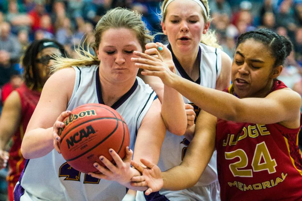 Chris Detrick  |  The Salt Lake Tribune
Box Elder's Addisyn Peacock (42) Box Elder's Emily Isaacson (22) and Judge's Miyalla Tarver (24) fight for a rebound during the 4A semifinal basketball game at Salt Lake Community College Friday February 24, 2017. Judge defeated Box Elder 45-34.