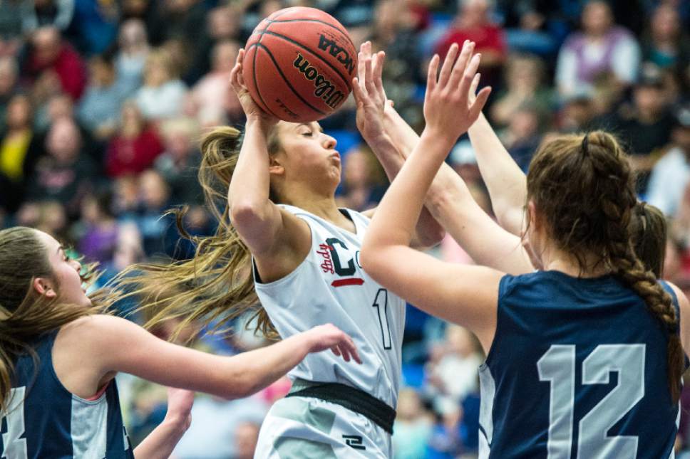 Chris Detrick  |  The Salt Lake Tribune
American Fork's Addison Holmstead (1) shoots past Copper Hills's Breaunna Gillen (23) and Copper Hills's Taela Laufiso (12) during the 5A semifinal basketball game at Salt Lake Community College Friday February 24, 2017. American Fork defeated Copper Hills 48-45.