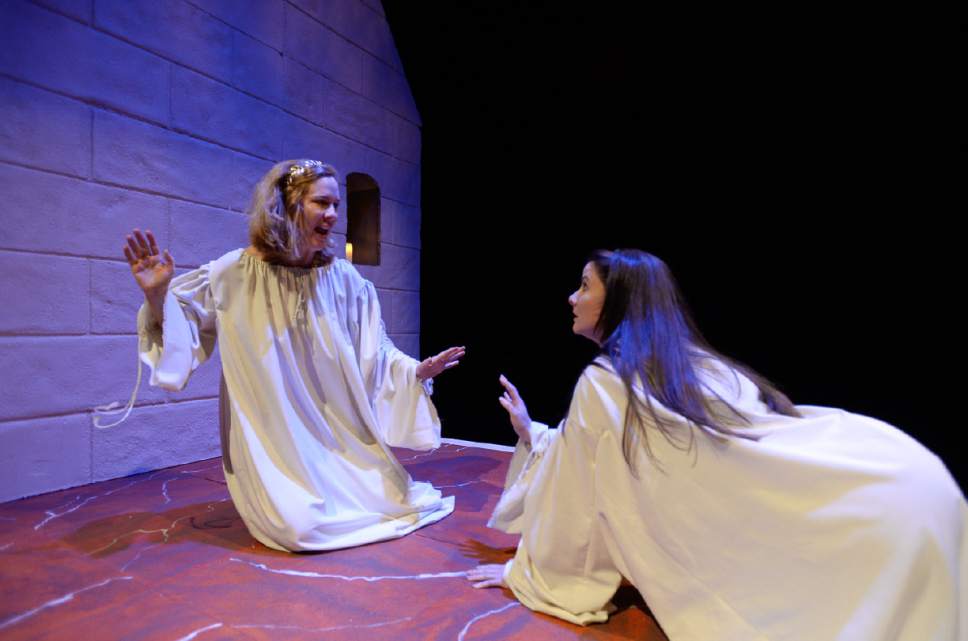 Francisco Kjolseth | The Salt Lake Tribune
Christy Summerhays, left, as Hildegard and Emilie Starr as Richardis act out a scene in Plan-B's production of "Virtue," a play with music by Utah playwright Tim Slover about Hildegard of Bingen, a 12th-century German Benedictine abbess, who had visions. She was also a writer and herbalist and is considered to have written the first-ever opera and might have been lesbian.