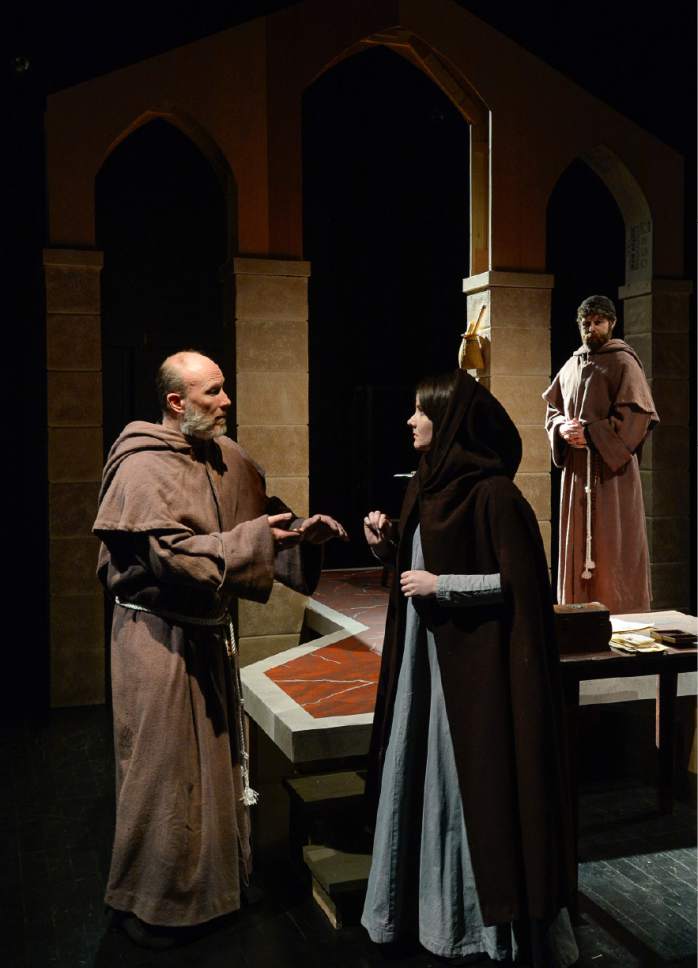 Francisco Kjolseth | The Salt Lake Tribune
S.A. Rogers, Emilie Starr and Jay Perry, from left, perform a scene from Plan-B's production of "Virtue," a play with music by Utah playwright Tim Slover about Hildegard of Bingen, a 12th-century German Benedictine abbess, who had visions.