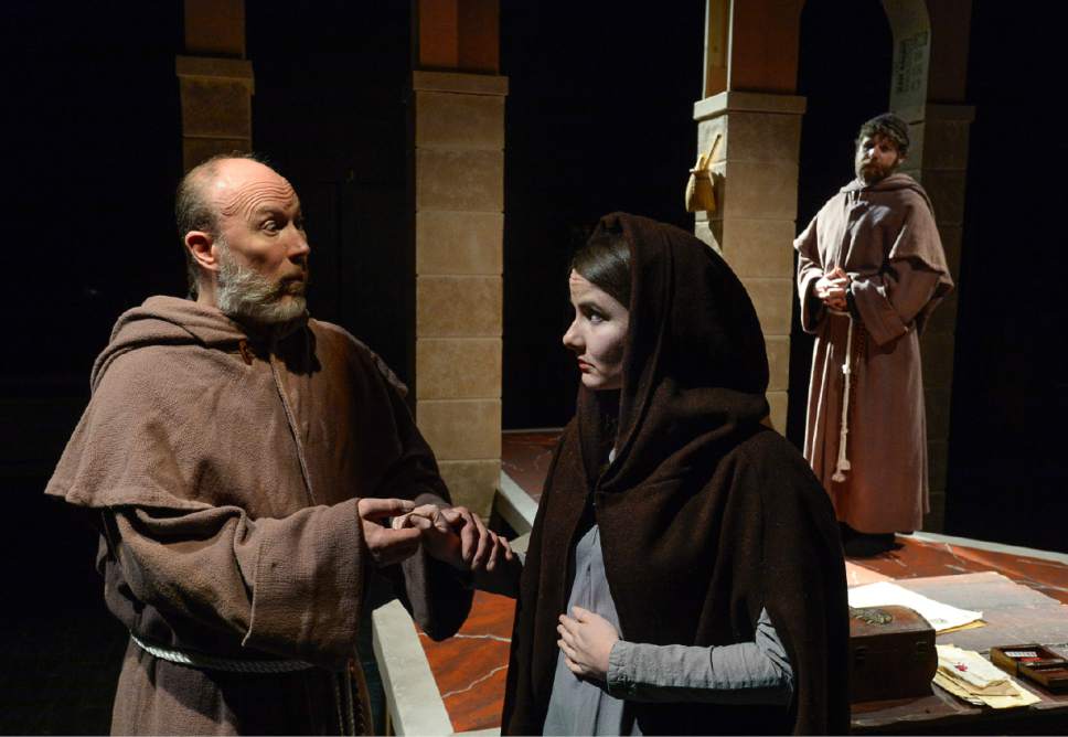 Francisco Kjolseth | The Salt Lake Tribune
S.A. Rogers, Emilie Starr and Jay Perry, from left, perform a scene from Plan-B's production of "Virtue," a play with music by Utah playwright Tim Slover about Hildegard of Bingen, a 12th-century German Benedictine abbess, who had visions.