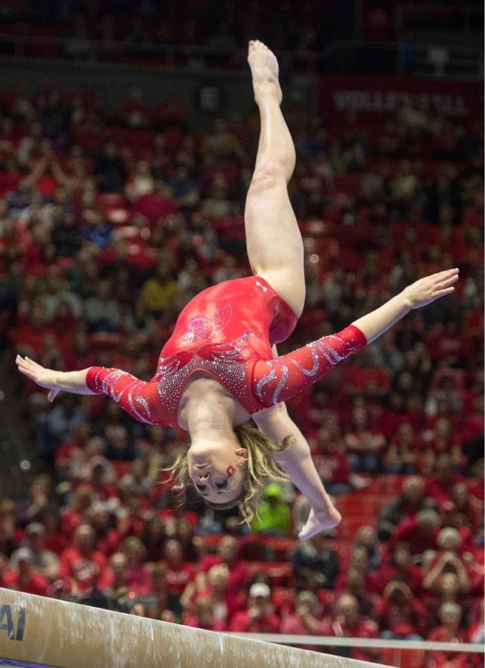 Rick Egan  |  The Salt Lake Tribune

Maddy Stover performs on the beam for the Utes, in gymnastics action, Utah vs UCLA, at the Huntsman Center, Saturday, February 18, 2017.