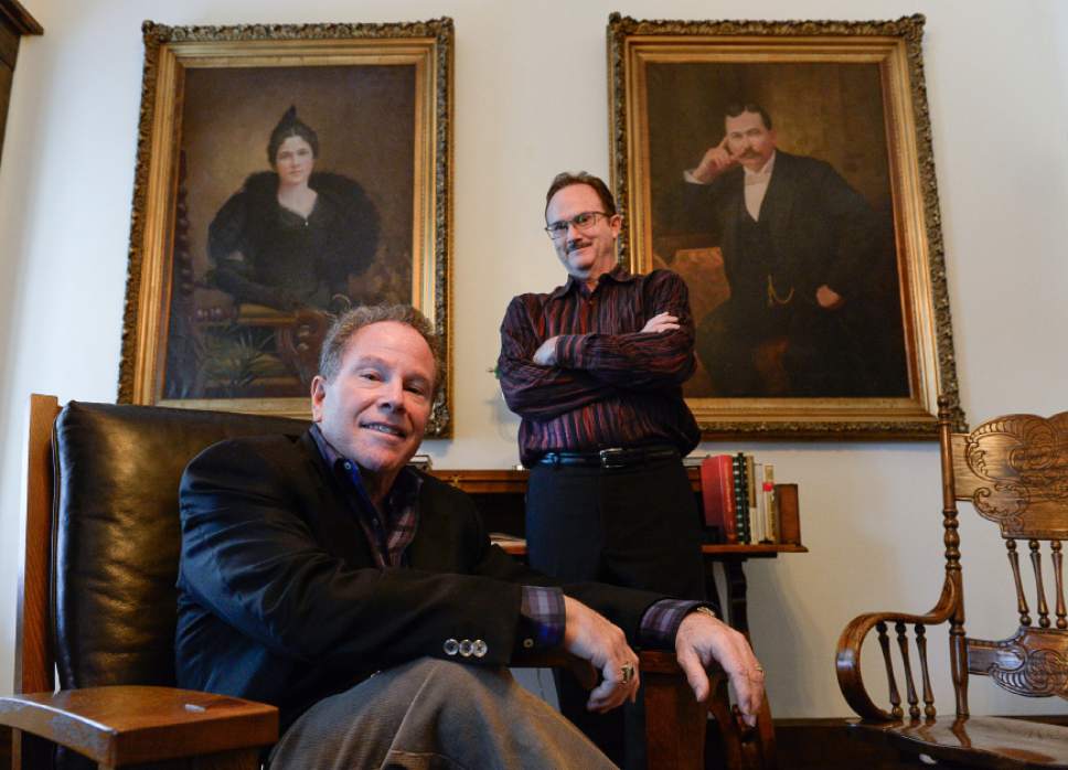 Francisco Kjolseth  |  The Salt Lake Tribune
Brothers Phil and Tom McCarthey, from left, great grandsons of Jenny Judge Kearns and Thomas Kearns pictured on the wall of the McCarthey Mansion in Salt Lake, will be hosting a journalism event with Bob Costas.