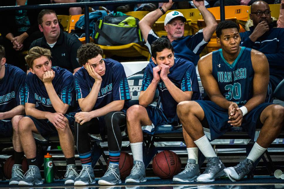 Chris Detrick  |  The Salt Lake Tribune
Members of the Juan Diego team watch from the bench during the 3A boys' basketball state championship game at Dee Glen Smith Spectrum at Utah State University Saturday February 25, 2017. Ridgeline defeated Juan Diego 89-63.