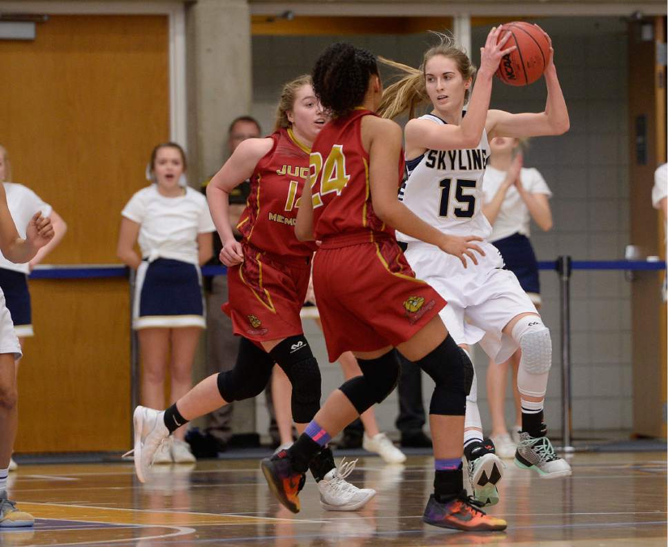 Scott Sommerdorf | The Salt Lake Tribune 
Skyline's Hannah Anderl looks for an open team mate during first half play. Skyline led Judge Memorial 38-25 at the half  for the Girl's 4A championship, Saturday, February 25, 2017.