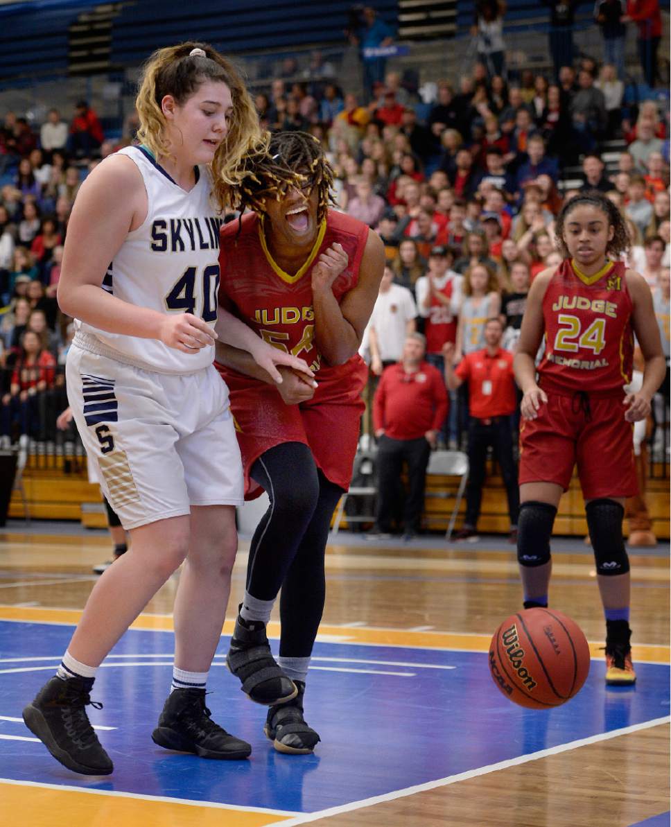 Scott Sommerdorf | The Salt Lake Tribune 
Judge's Vanessa Austin reacts after the ball was ruled to have gone out of bounds off Skyline's Cameron Mooney during first half play. Skyline led Judge Memorial 38-25 at the half  for the Girl's 4A championship, Saturday, February 25, 2017.