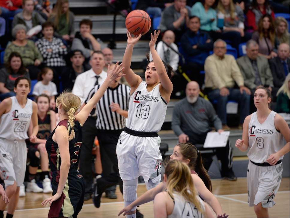 Scott Sommerdorf | The Salt Lake Tribune 
American Fork's Taylor Moeaki hits a three-point jumper  during first half play. Moeaki had nine first half points to help spark the Cavemen on a 17-2 run to begin the game.  American Fork led Viewmont 29-16 at the half in a Girl's 5A championship game, Saturday, February 25, 2017.