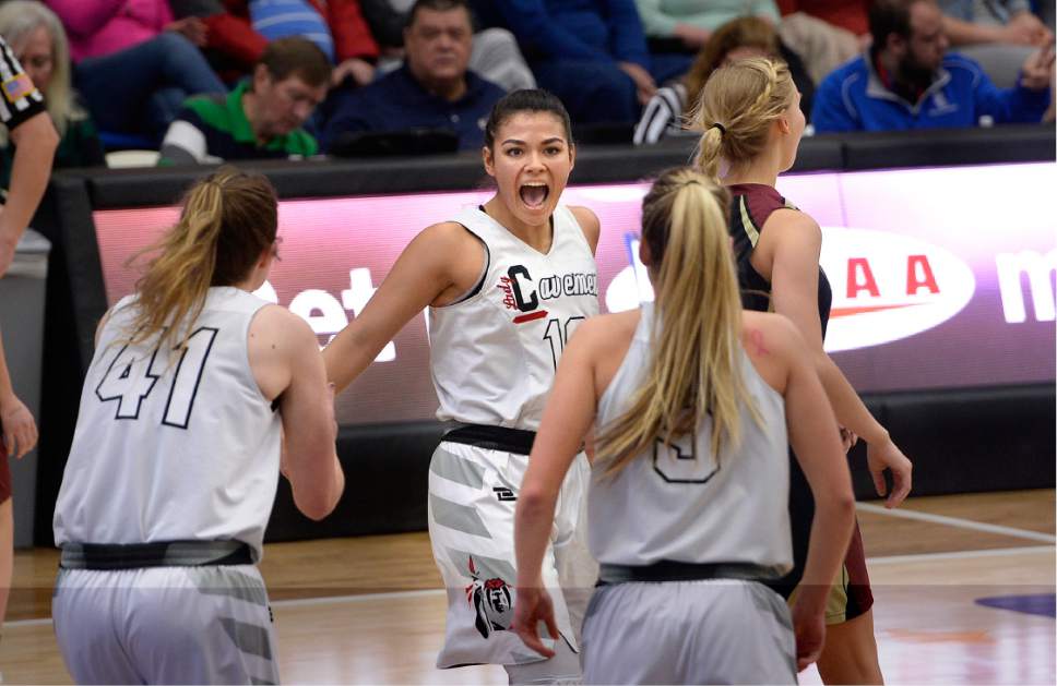 Scott Sommerdorf | The Salt Lake Tribune 
American Fork's Taylor Moeaki reacts to hitting a three-point jumper during first half play. Moeaki had nine first half points to help spark the Cavemen on a 17-2 run to begin the game.  American Fork led Viewmont 29-16 at the half in a Girl's 5A championship game, Saturday, February 25, 2017.