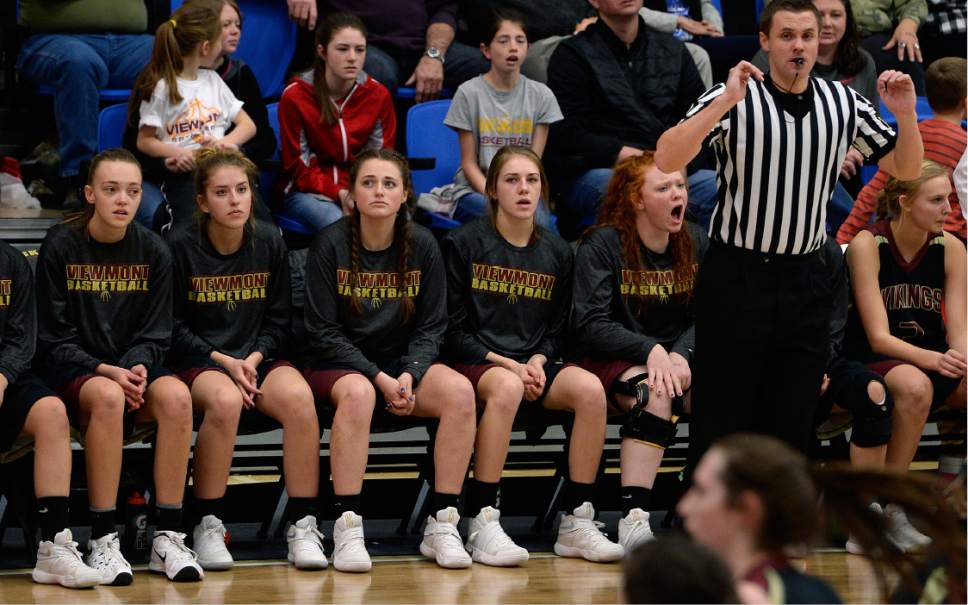 Scott Sommerdorf | The Salt Lake Tribune 
The Viewmont bench reacts to watching American Fork start the game on a 17-2 run. American Fork led Viewmont 29-16 at the half in a Girl's 5A championship game, Saturday, February 25, 2017.
