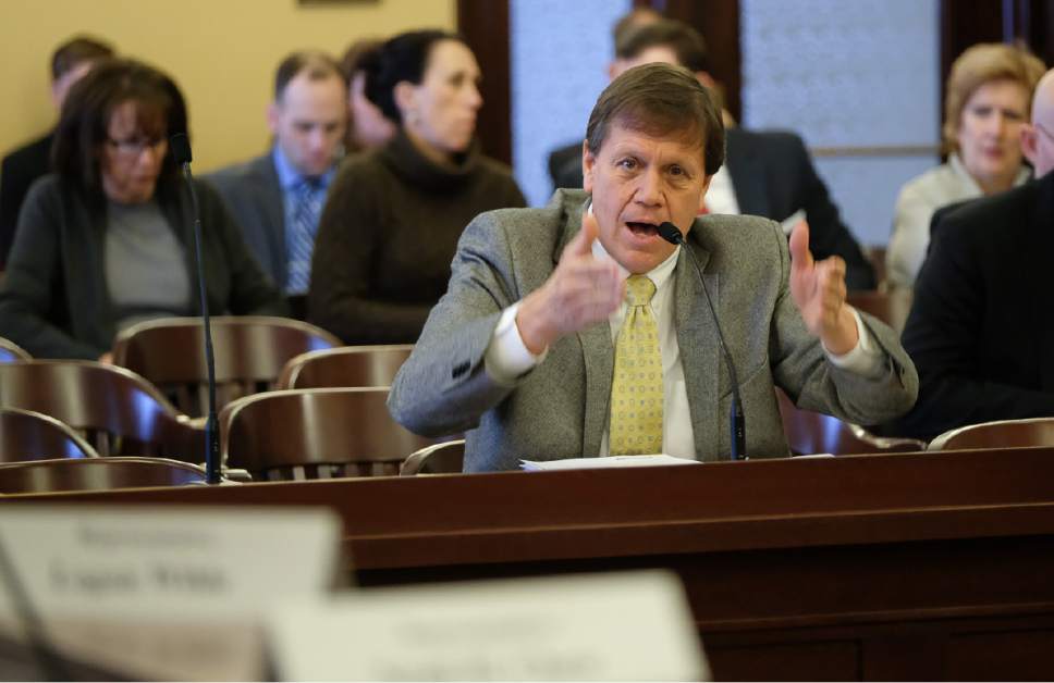 Francisco Kjolseth | The Salt Lake Tribune
Rep. Keven Stratton, R-Orem, speaks on HCR001S01 concurrent resolution to secure the perpetual health and vitality of Utah's public lands and its status as a premier public lands state during a House Natural Resources committee hearing at the Utah Capitol on Friday, February 24, 2017.