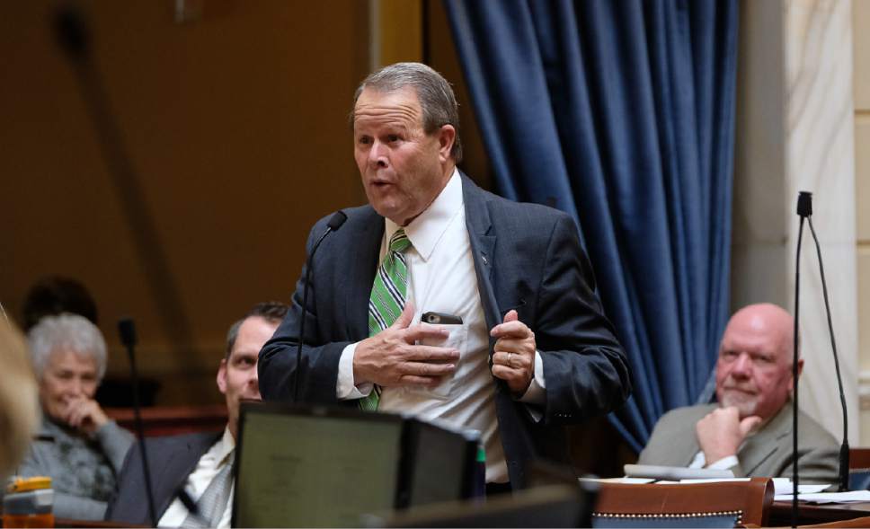 Francisco Kjolseth | The Salt Lake Tribune
Sen. Gregg Buxton, R-Roy, jokes that his phone has been giving him a massage all day as wisecracking discussion ensues on SB172 by Sen. Todd Weiler, R-Woods Cross, that pushes to allow barbers to legally perform brief neck massages on customers.