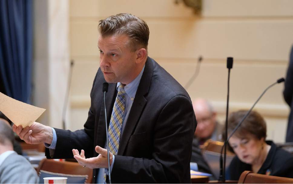 Francisco Kjolseth | The Salt Lake Tribune
Sen. Todd Weiler, R-Woods Cross, pushes to allow barbers to legally perform brief neck massages on customers during wisecracking discussion on SB172 at the Utah Capitol on Friday, February 24, 2017.