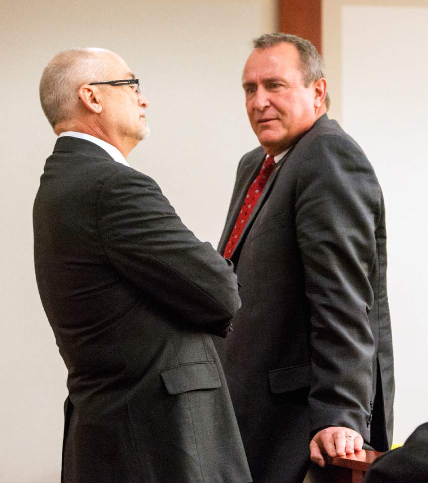 Rick Egan  |  The Salt Lake Tribune

Mark Shurtleff talks to his attorney Rick Van Wagoner, at the Matheson Courthouse, in Salt Lake City, Friday, February 24, 2017.