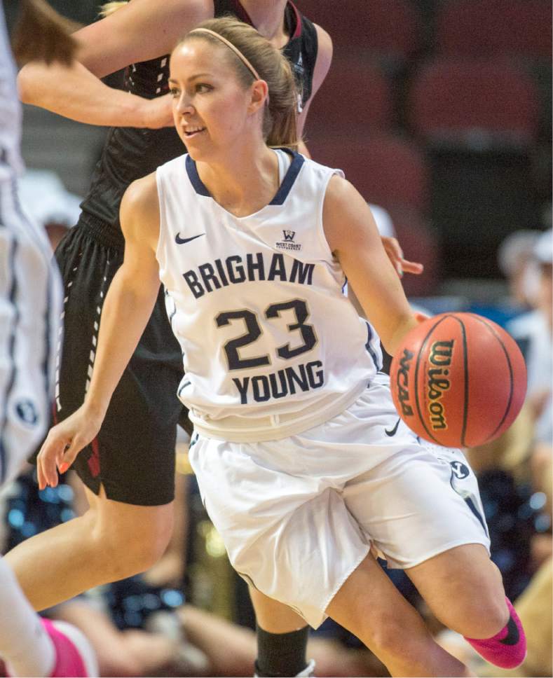 Rick Egan  |  The Salt Lake Tribune

Brigham Young Cougars guard Makenzi Morrison Pulsipher (23) brings the ball down for the Cougars, in basketball action in the West Coast Conference Semifinals, at the Orleans Arena in Las Vegas, Saturday, March 7, 2016.