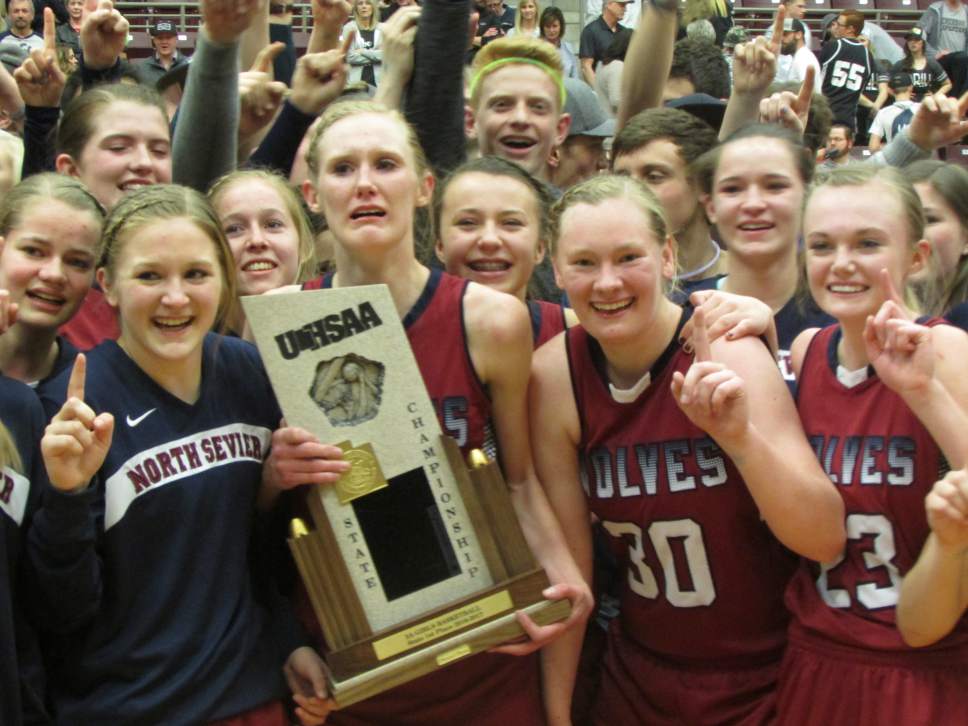 Tom Wharton  |  Special to the Tribune
The North Sevier girls' basketball team celebrates after it defeated Emery in overtime Saturday to win the Class 2A state championship at Sevier Valley Center in Richfield.