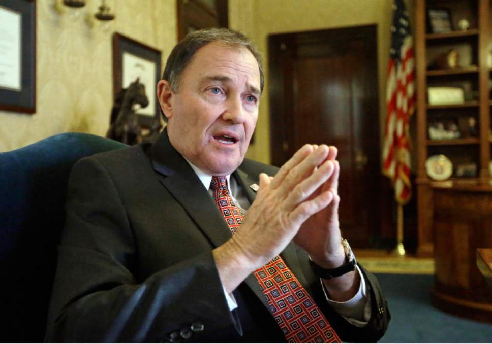 FILE - In this March 10, 2016, file photo, Utah Gov. Gary Herbert speaks during an interview in Salt Lake City. Organizers of a lucrative outdoor trade show that's been held twice yearly in Utah for two decades say they will continue looking for a new home after hearing "more of the same" on public lands from Herbert during a conference call Thursday, Feb. 16, 2017. (AP Photo/Rick Bowmer, File)