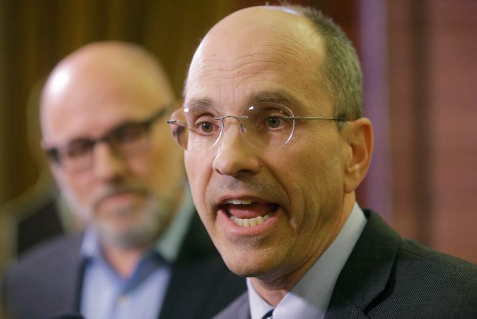 Paul Edwards, a spokesman for Utah Gov. Gary Herbert, speaks to reporters at the Utah State Capitol Thursday, Feb. 16, 2017, in Salt Lake City. Organizers of a lucrative outdoor trade show that's been held twice yearly in Utah for two decades say they will continue looking for a new home after hearing "more of the same" on public lands from Herbert during a conference call. Edwards, said it was a frustrating conversation. He says the organization didn't accept an invitation for more conversations. (AP Photo/Rick Bowmer)