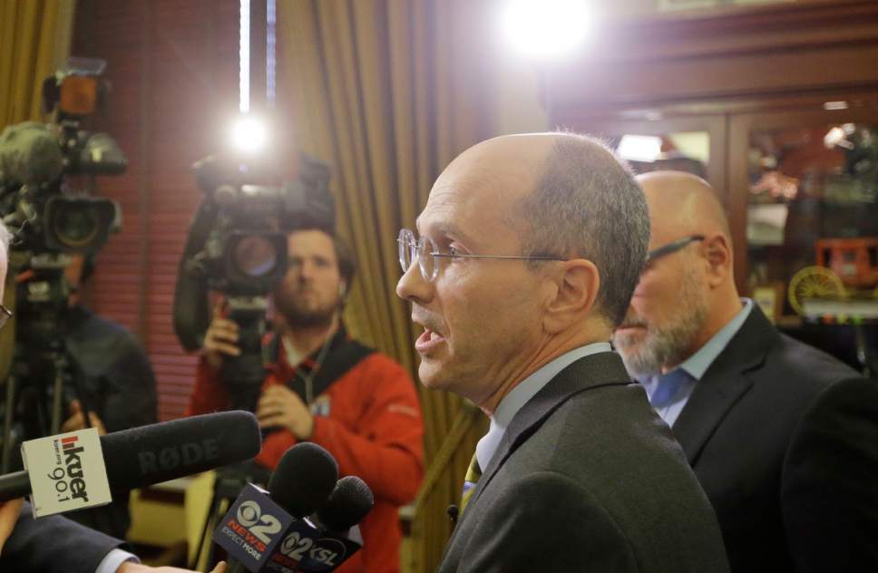 Paul Edwards, a spokesman for Utah Gov. Gary Herbert, speaks to reporters at the Utah State Capitol Thursday, Feb. 16, 2017, in Salt Lake City. Organizers of a lucrative outdoor trade show that's been held twice yearly in Utah for two decades say they will continue looking for a new home after hearing "more of the same" on public lands from Herbert during a conference call. Edwards, said it was a frustrating conversation. He says the organization didn't accept an invitation for more conversations. (AP Photo/Rick Bowmer)
