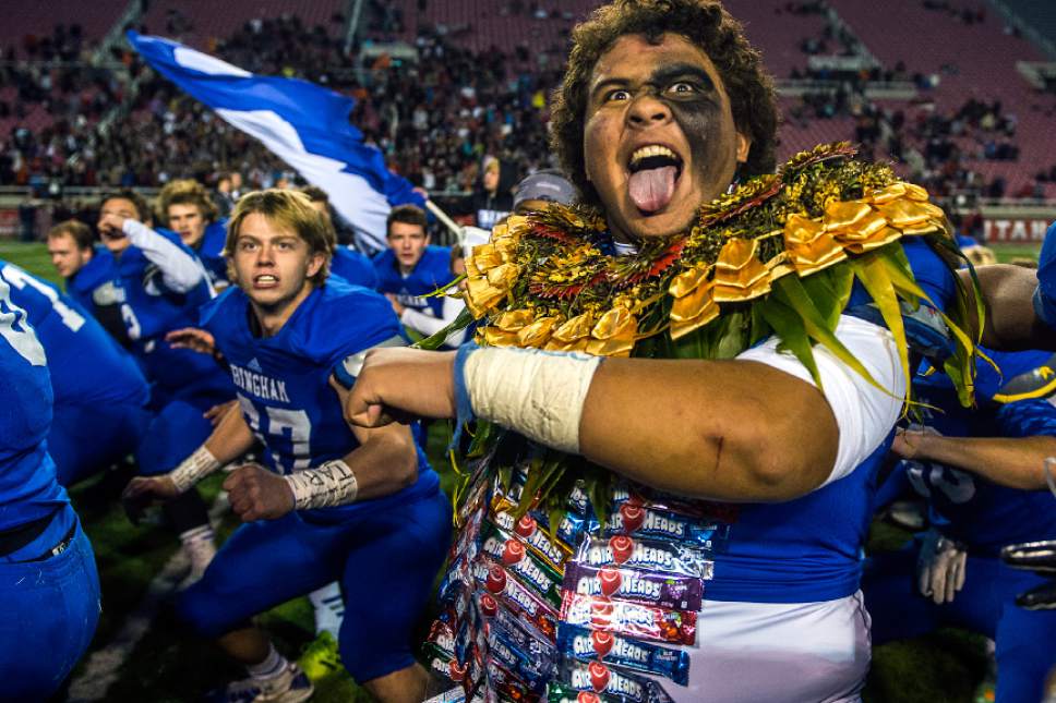 Chris Detrick  |  The Salt Lake Tribune
Bingham's Uilisoni Ofahengaue (63) does the Haka with his teammates after winning the 5A state championship game at Rice-Eccles Stadium Friday November 21, 2014. Bingham defeated American Fork 20-3.