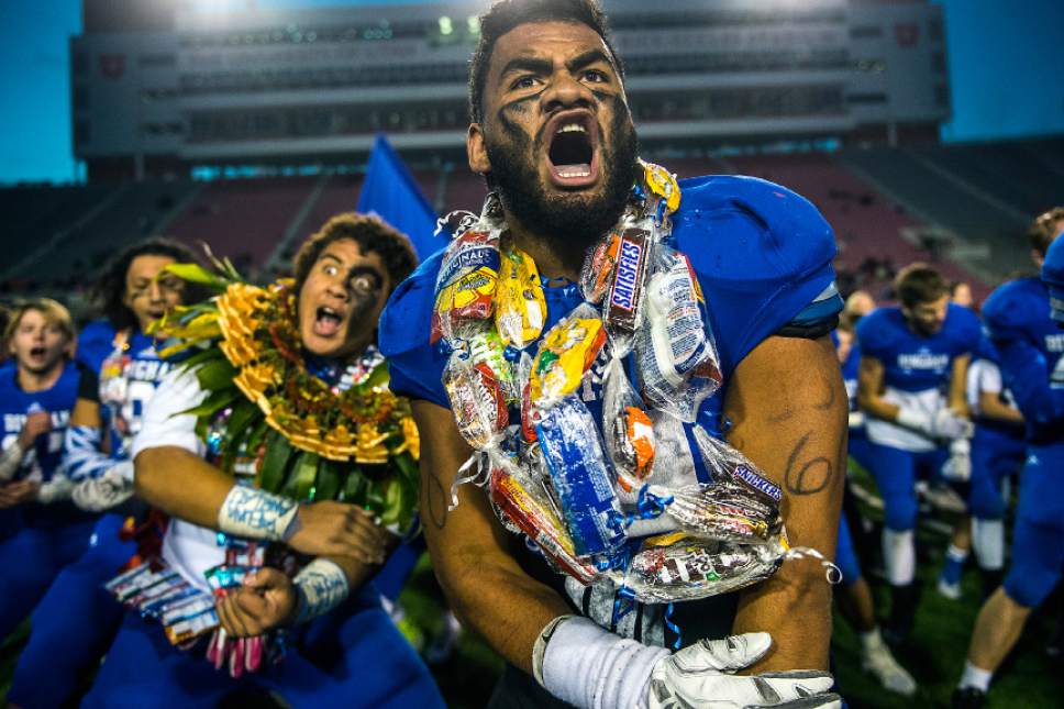 Chris Detrick  |  The Salt Lake Tribune
Bingham's Daniel Langi (34) does the Haka with his teammates after winning the 5A state championship game at Rice-Eccles Stadium Friday November 21, 2014. Bingham defeated American Fork 20-3.