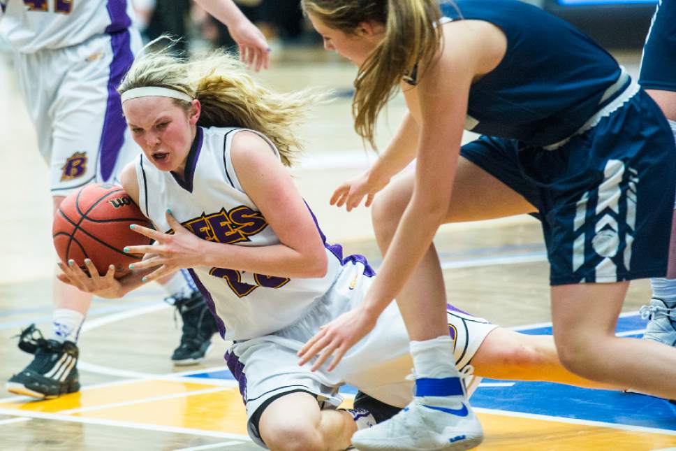 Chris Detrick  |  The Salt Lake Tribune
Box Elder's Emily Isaacson (22) and Corner Canyon's Hanna Sanderson (1) go for the ball during the 4A play-off game at Salt Lake Community College Tuesday February 21, 2017. Box Elder defeated Corner Canyon 69-62.
