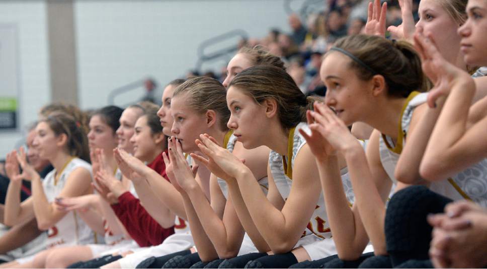 Al Hartmann  |  The Salt Lake Tribune
Judge High School's bench looked worried but hopefull as they trailed Wasatch High School for most of the game in first round action in the 2017 4A Girls' State Basketball Championships game Tuesday Feb. 21.  Judge went on to edge Wasatch High School 35-32 to enter the quarterfinals.