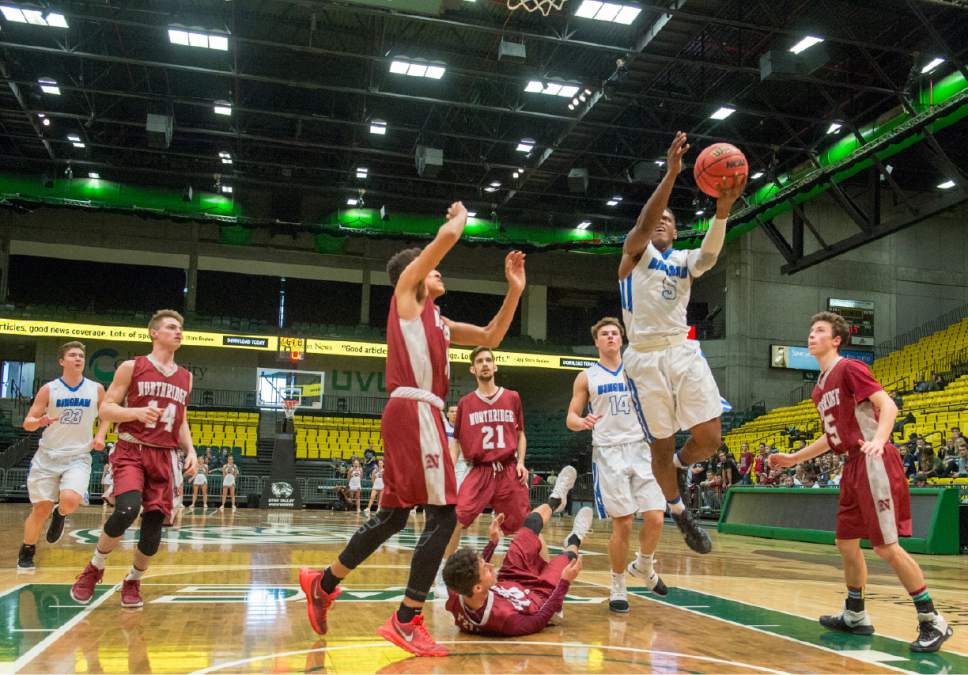 Rick Egan  |  The Salt Lake Tribune

Bingham Miners Jaylon Vickers (5) goes in fore two points in a fast-break, in State 5A basketball playoff action at UVU in Orem, Monday, February 27, 2017.