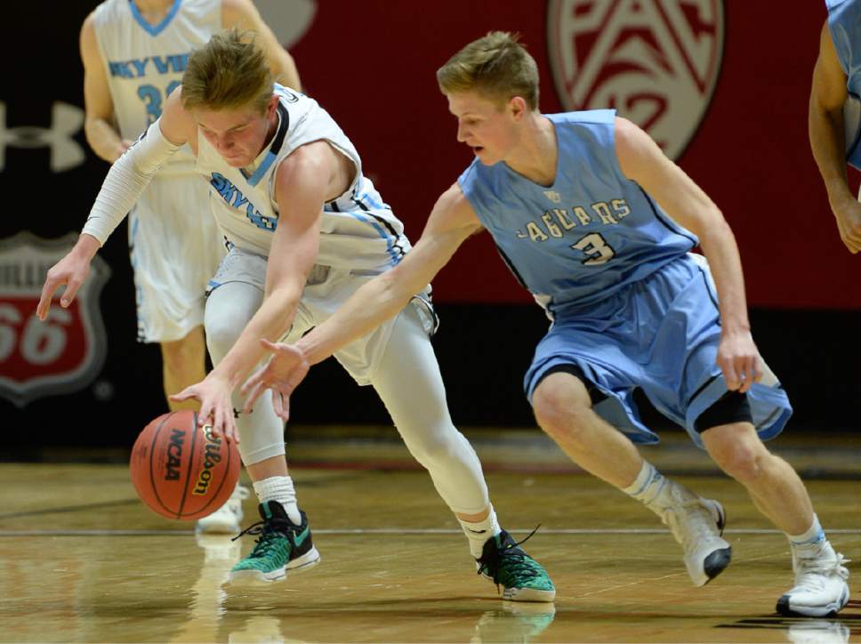 Francisco Kjolseth | The Salt Lake Tribune
Konner Meacham of Sky View tries to stay ahead of the ball and Collin Larson of West Jordan in the 5A boys' basketball playoff game at the Huntsman Center on the University of Utah campus on Monday, February 27, 2017.