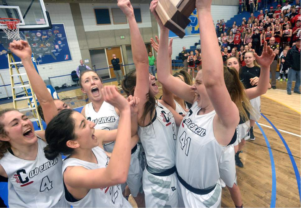 Scott Sommerdorf | The Salt Lake Tribune 
American Fork players celebrate after winning the 5A Girls championship. American Fork defeated Viewmont 50-46 for the Girl's 5A championship, Saturday, February 25, 2017.