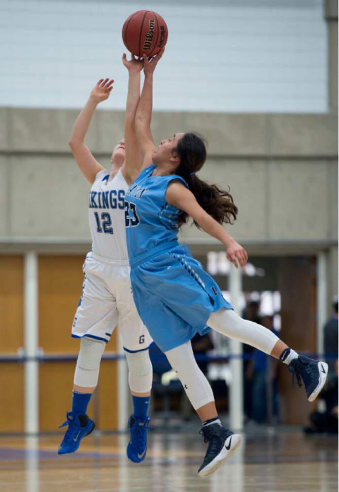 Steve Griffin  |  The Salt Lake Tribune


Pleasant Grove's Alexis Reeves, left and Layton's Brenda Gallegos leap for the ball during the girl's 5A basketball tournament at the SLCC gym in Salt Lake City Monday February 20, 2017