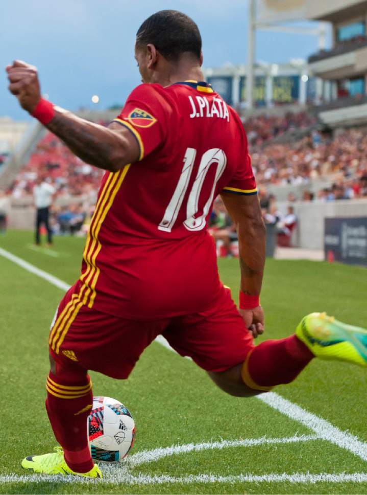 Michael Mangum  |  Special to the Tribune

Real Salt Lake forward Joao Plata (10) takes a corner kick during their U.S. Open Cup match against the Seattle Sounders at Rio Tinto Stadium in Sandy, UT on Tuesday, June 28th, 2016.