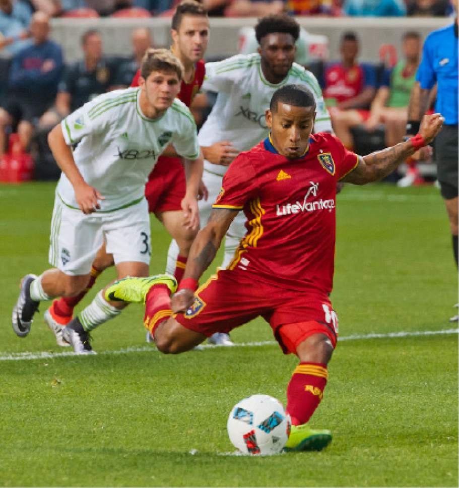 Michael Mangum  |  Special to the Tribune

Real Salt Lake forward Joao Plata (10) takes a penalty kick during their U.S. Open Cup match against the Seattle Sounders at Rio Tinto Stadium in Sandy, UT on Tuesday, June 28th, 2016. Plata scored on the kick and Real Salt Lake led 1-0 at halftime.
