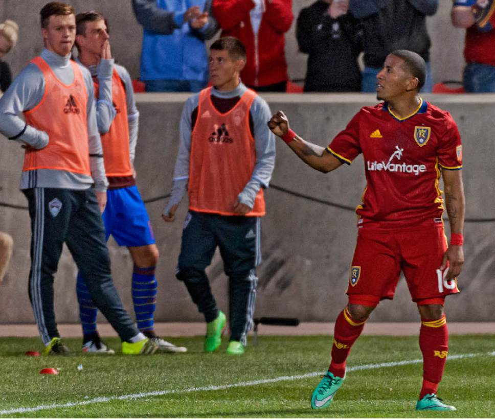 Michael Mangum  |  Special to the Tribune

Real Salt Lake forward Joao Plata (10) celebrates his game-winning goal against the Colorado Rapids during the second half their match at Rio Tinto Stadium in Sandy, UT on Saturday, April 9, 2016. RSL won 1-0.