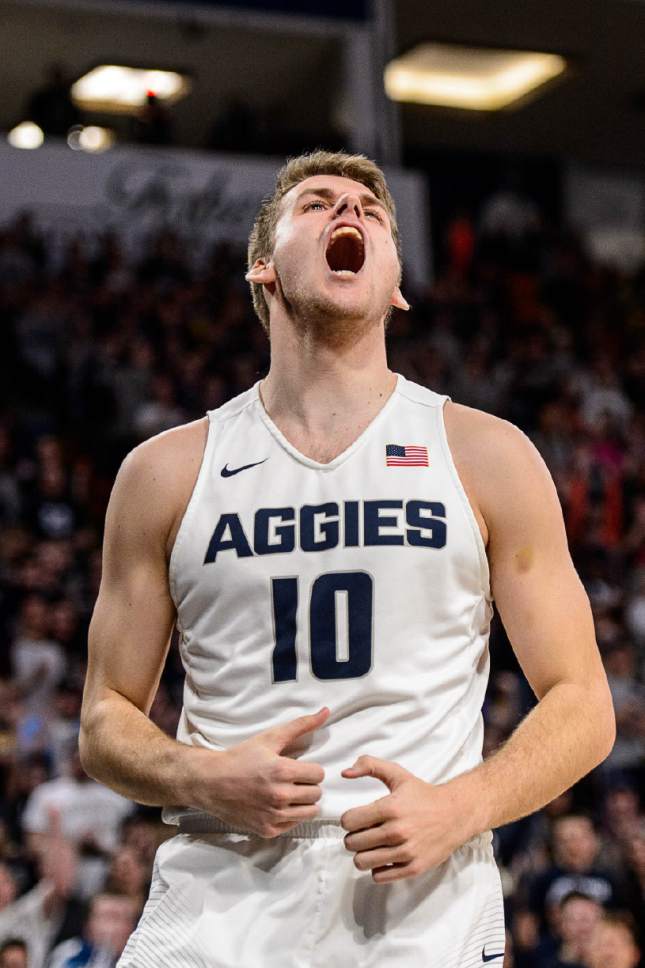 Trent Nelson  |  The Salt Lake Tribune
Utah State Aggies forward Quinn Taylor (10) reacts to a foul call as Utah State hosts Air Force, NCAA basketball in Logan, Saturday February 25, 2017.