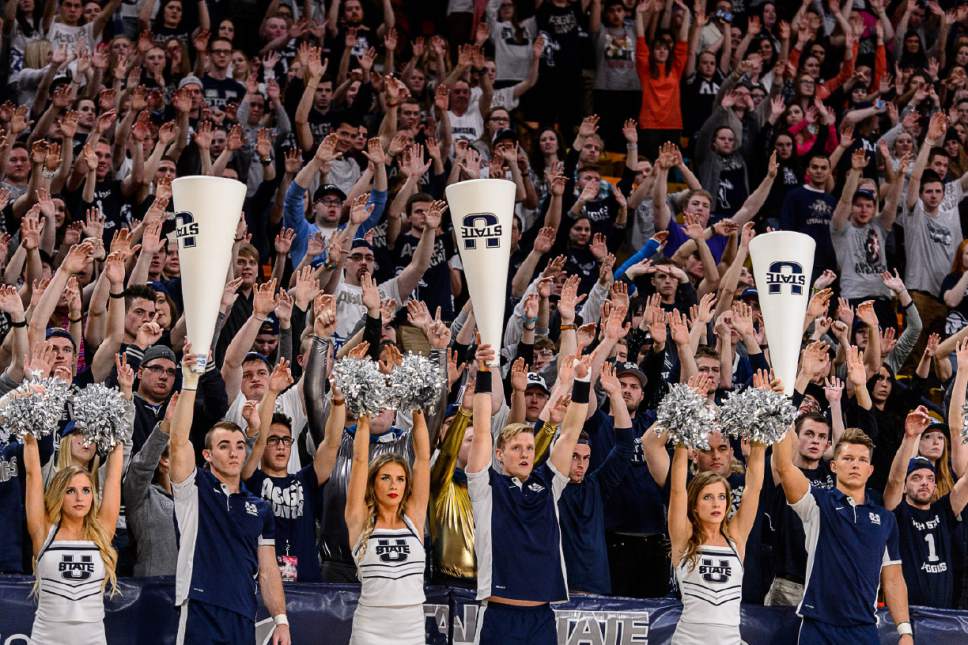 Trent Nelson  |  The Salt Lake Tribune
USU fans freeze during a free throw as Utah State hosts Air Force, NCAA basketball in Logan, Saturday February 25, 2017.