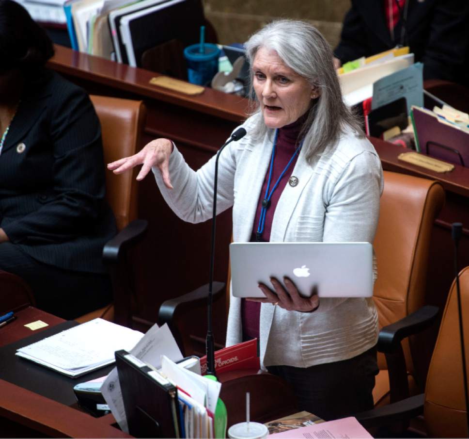 Steve Griffin  |  The Salt Lake Tribune


Rep. Elizabeth Weight, D-West Valley City, speaks as she tries to introduce an amendment to HB291 in the House of Representatives at the State Capitol in Salt Lake City Monday February 27, 2017. HB291 amends provisions regarding the School Children's Trust Section.