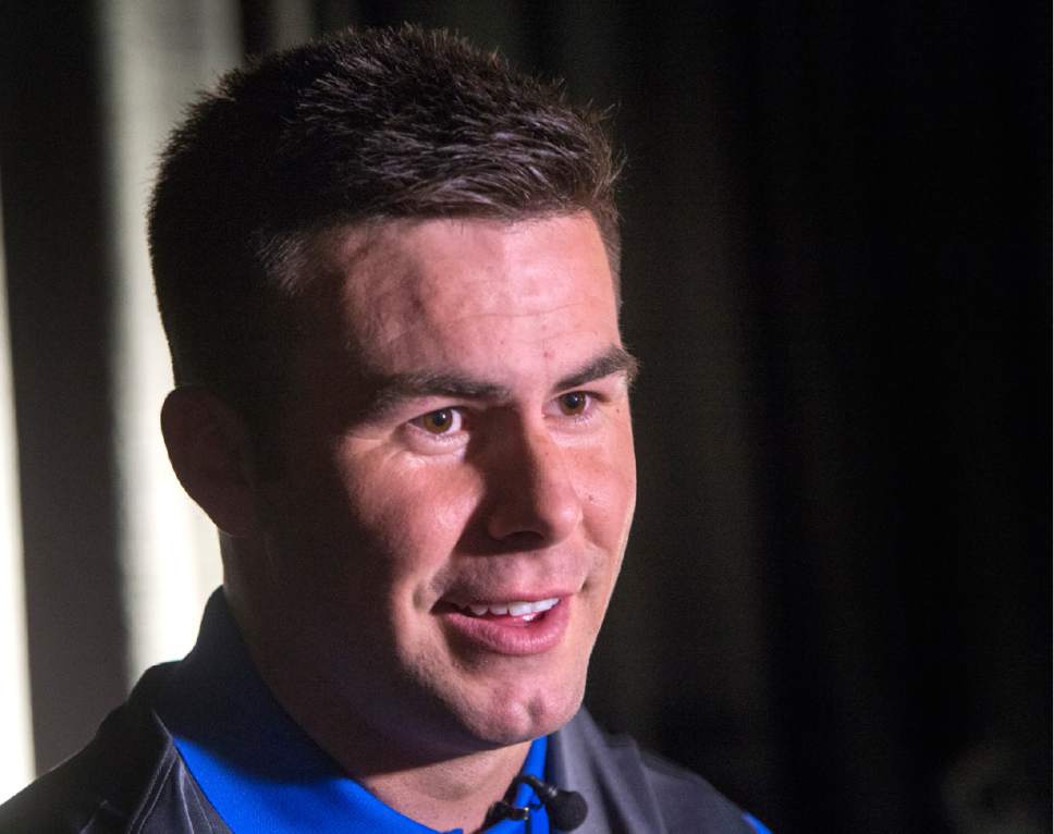 Rick Egan  |  The Salt Lake Tribune

BYU quarterback Tanner Mangum talks to reporters at the annual BYU football media day at the Broadcasting Building,Thursday, June 30, 2016.