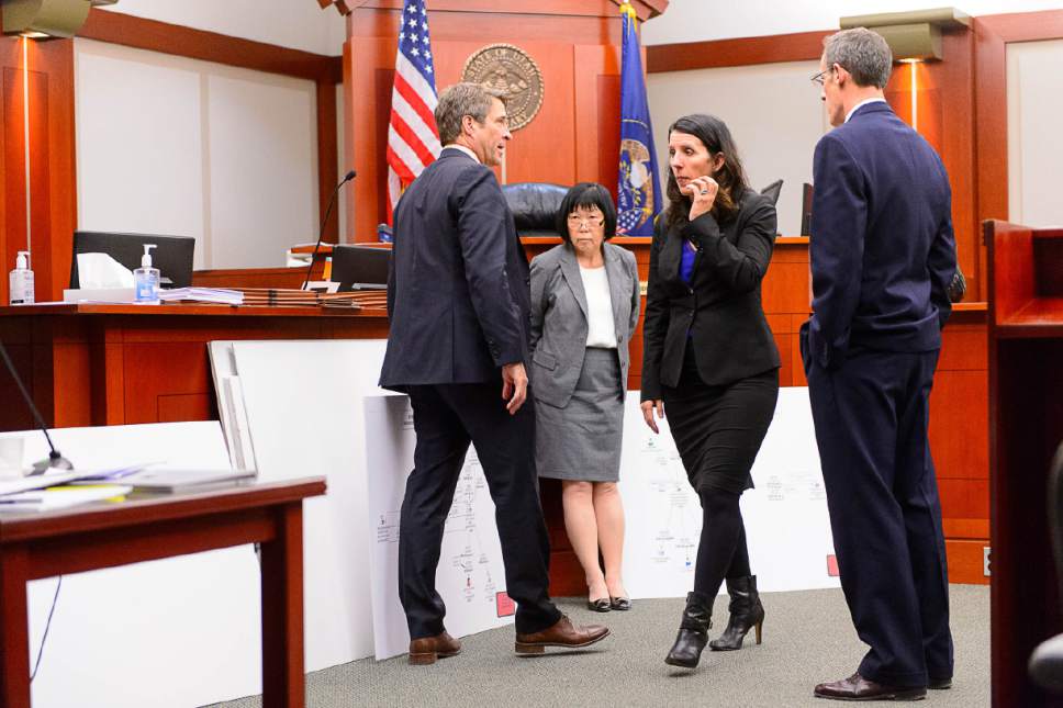 Trent Nelson  |  The Salt Lake Tribune
Attorneys look over exhibits, in preparation for closing arguments, during the John Swallow public-corruption trial in Salt Lake City, Tuesday February 28, 2017. From left, defense attorney Scott C. Williams, Salt Lake County prosecutor Chou Chou Collins, defense attorney Cara Tangaro, Assistant Salt Lake County District Attorney Fred Burmester.