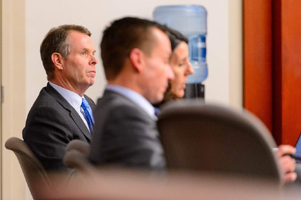 Trent Nelson  |  The Salt Lake Tribune
John Swallow sits with attorneys at his public-corruption trial in Salt Lake City, Tuesday February 28, 2017.