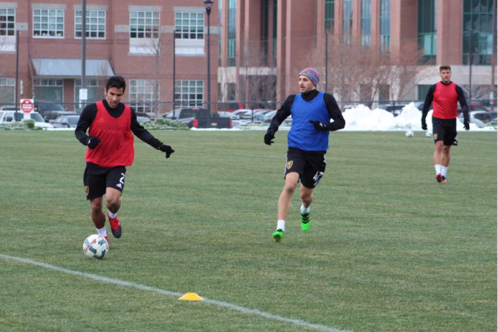 Christopher Kamrani  |  The Salt Lake Tribune

RSL right back Tony Beltran evades Real Monarchs outside back Max Lachowecki in Tuesday's training session at America First Field in Sandy.
