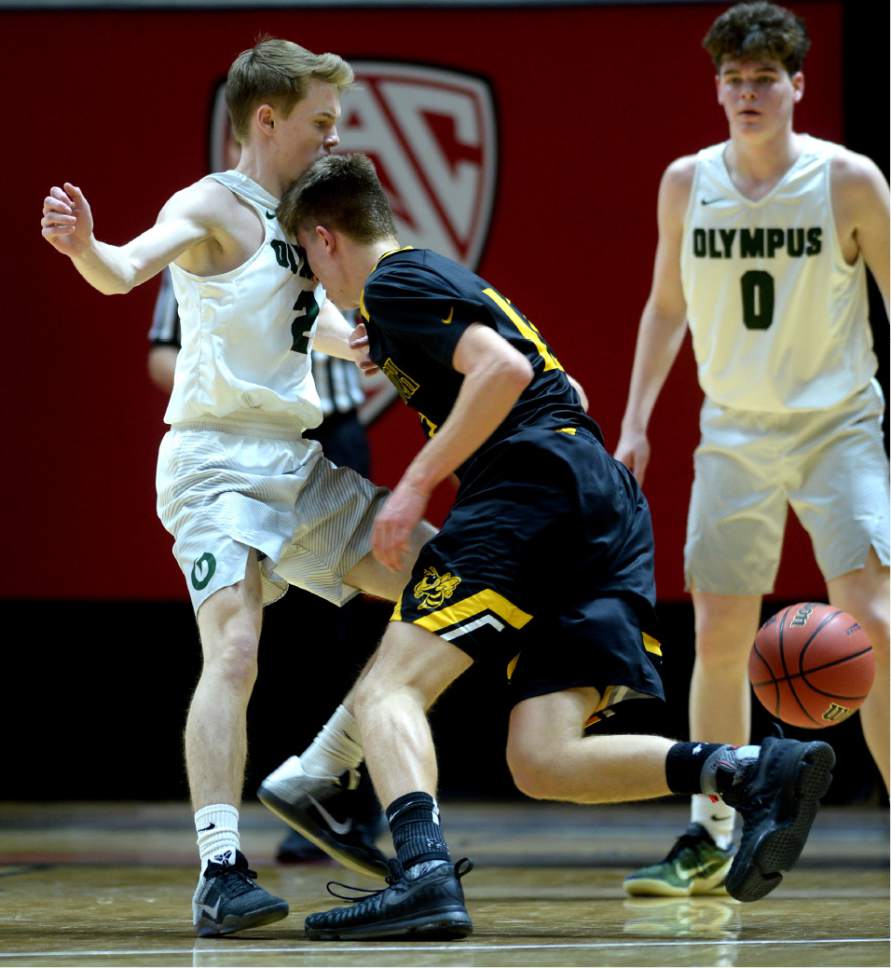 Steve Griffin  |  The Salt Lake Tribune


Wasatch guard Elias Ballstaedt crashes into Olympus guard Jacob DowDell as he flies the ball behind his back during 4A playoff game at the Huntsman Center in Salt Lake City Tuesday February 28, 2017