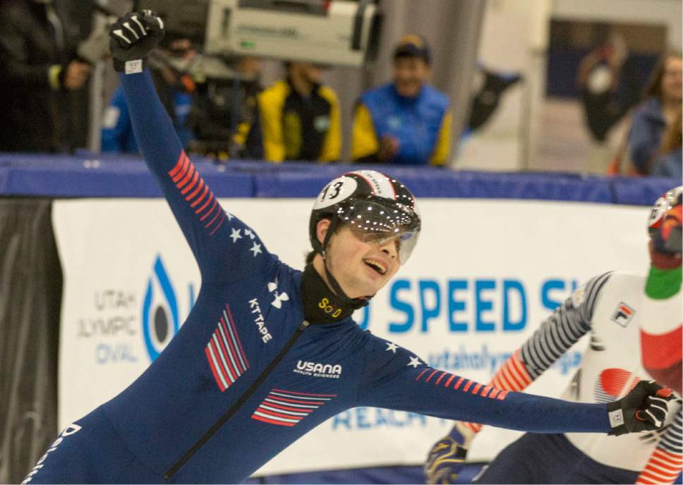 Rick Egan  |  The Salt Lake Tribune

John-Henry Krueger celebrates his 3rd place finish in the World Cup 1500 M finals, at the Olympic Oval in Kearns, Saturday, November 12, 2016.