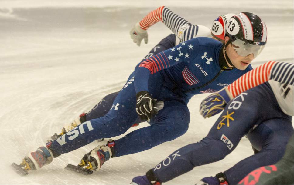 Rick Egan  |  The Salt Lake Tribune

John-Henry Krueger, USA (13) skates to a 3rd place finish in the World Cup 1500 M finals, at the Olympic Oval in Kearns, Saturday, November 12, 2016.