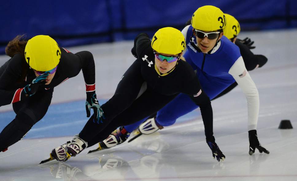 Steve Griffin / The Salt Lake Tribune

Jessica Kooreman, center, sits in second place during the 1,000 short-track finals event at the final day of the 2017 U.S. Speedskating Championships at the Utah Olympic Oval in Kearns, Utah Sunday January 8, 2017. John-Henry Krueger won the event. Jessica Kooreman went on to claim victory in the event.