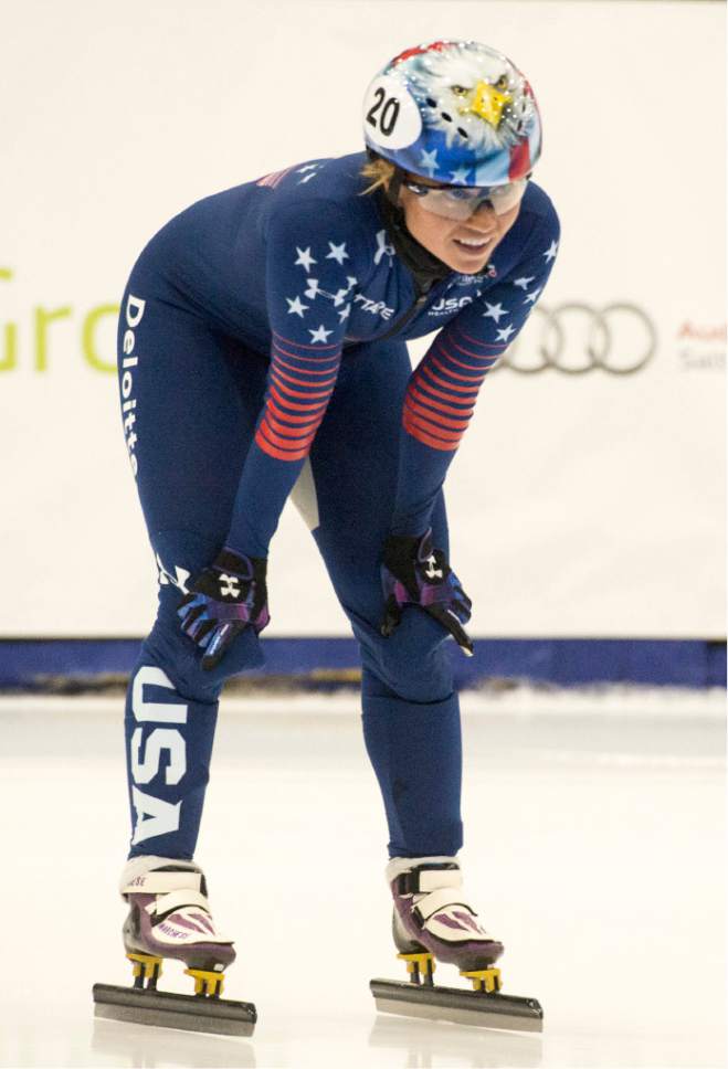 Rick Egan  |  The Salt Lake Tribune

Jessica Kooreman, USA, recovers after crashing into the wall in the Ladies World Cup1500 M finals, at the Olympic Oval in Kearns, Saturday, November 12, 2016.