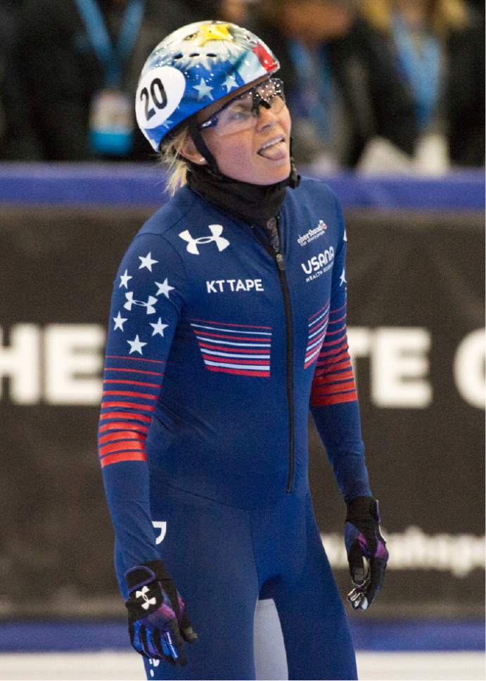 Rick Egan  |  The Salt Lake Tribune

Jessica Kooreman, USA, reacts after crashing into the wall in the Ladies World Cup1500 M finals, at the Olympic Oval in Kearns, Saturday, November 12, 2016.