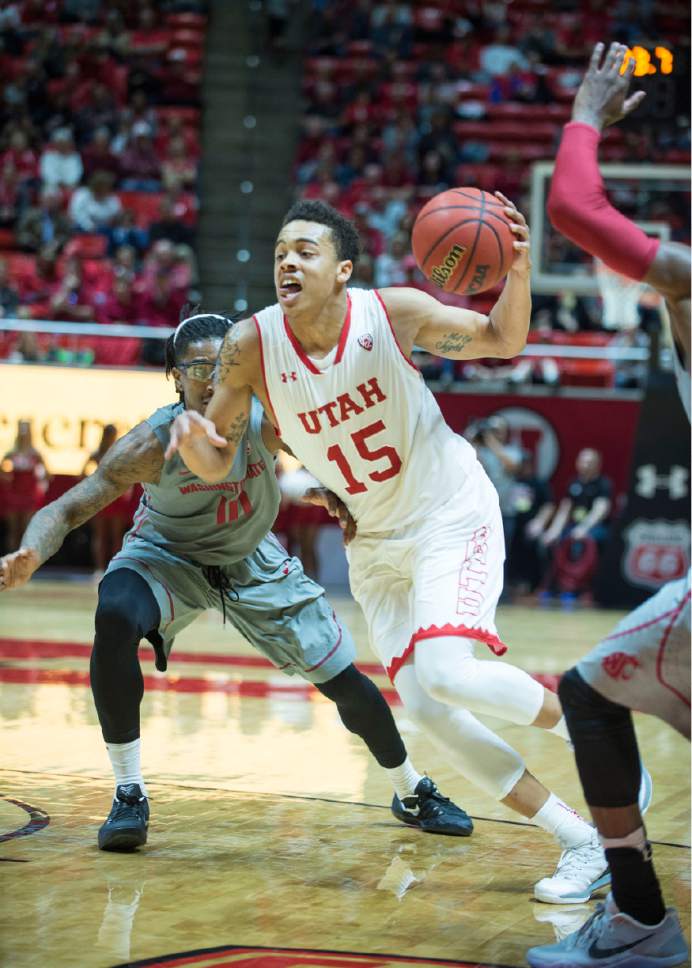 Lennie Mahler  |  The Salt Lake Tribune

Utah's Lorenzo Bonam drives the ball during a game between Utah and Washington State at the Huntsman Center in Salt Lake City, Thursday, Feb. 9, 2017.