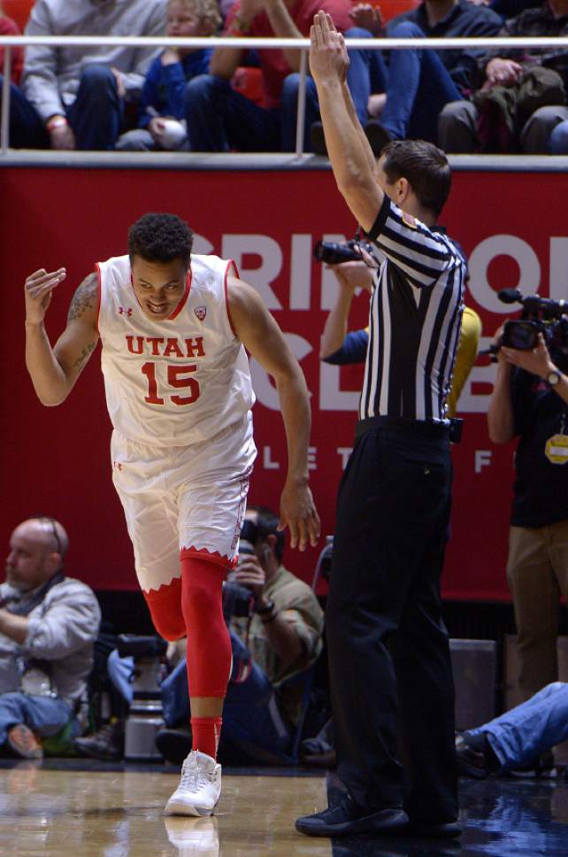 Leah Hogsten  |  The Salt Lake Tribune
Utah Utes guard Lorenzo Bonam (15) hit three 3-point shots. University of Utah's men's basketball team defeated University of Washington, 85-61 during their game, February 11, 2017 at Utah's Jon M. Huntsman Center.